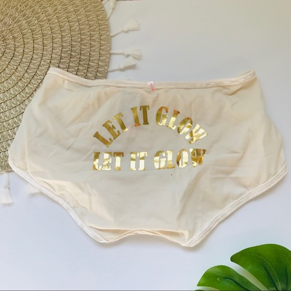 Victoria’s Secret PINK Velvet Trim Shortie Panty Cream Let It Snow Gold Foil NEW - Picture 1 of 3